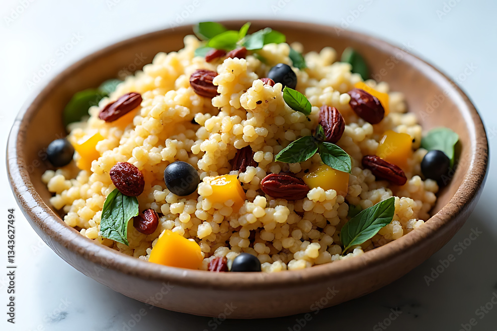 Delicious couscous salad kitchen food photography bright environment close-up healthy eating