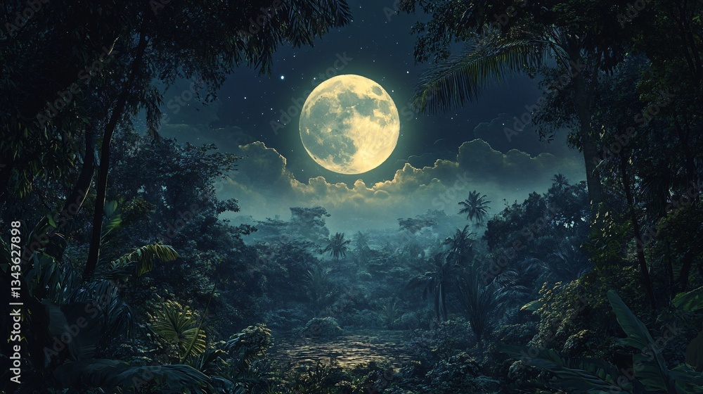 Fototapeta premium Enchanting Jungle Panorama with Full Moon in Night Sky