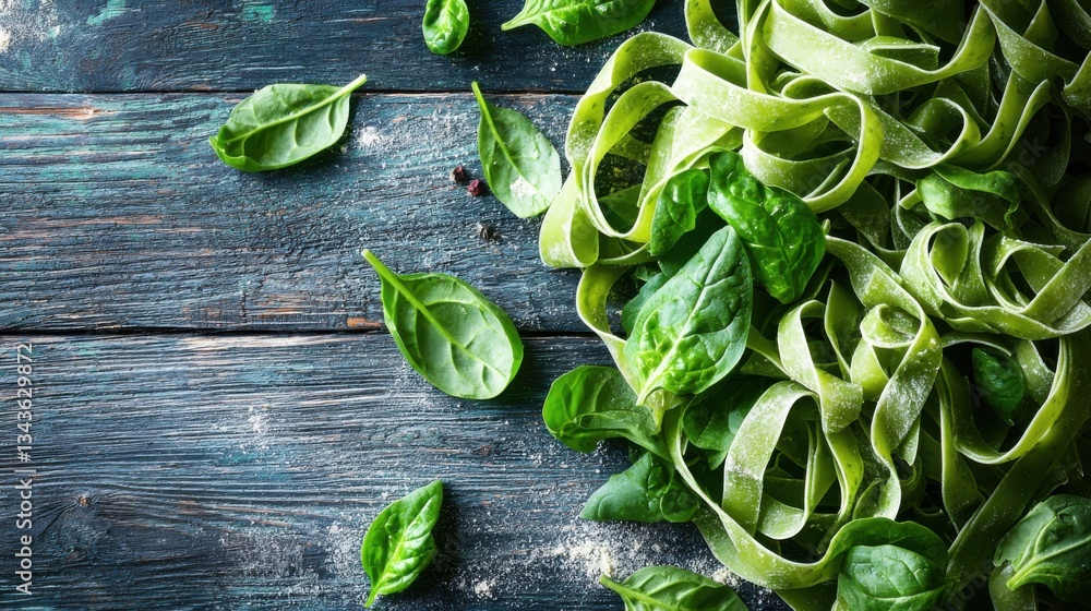 Obraz premium Spinach pasta on the wooden background, photo studio.