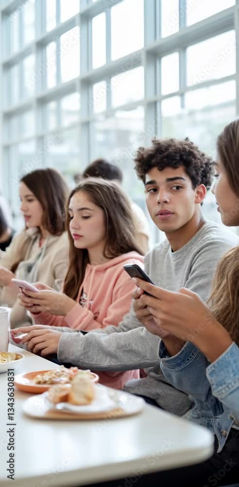 Students using smartphones during lunch break at school canteen Students using smartphones during lunch break at school canteen