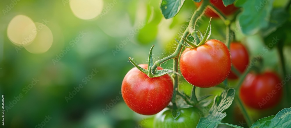 Ripe tomatoes on a lush green vine in a garden. Ripe tomatoes on a lush green vine in a garden.
