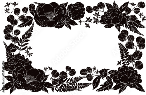 A silhouette floral vector illustration of a square frame adorned with lush delicate peonies, small flowers, and eucalyptus leaves, elegantly arranged with fern accents, set on white background