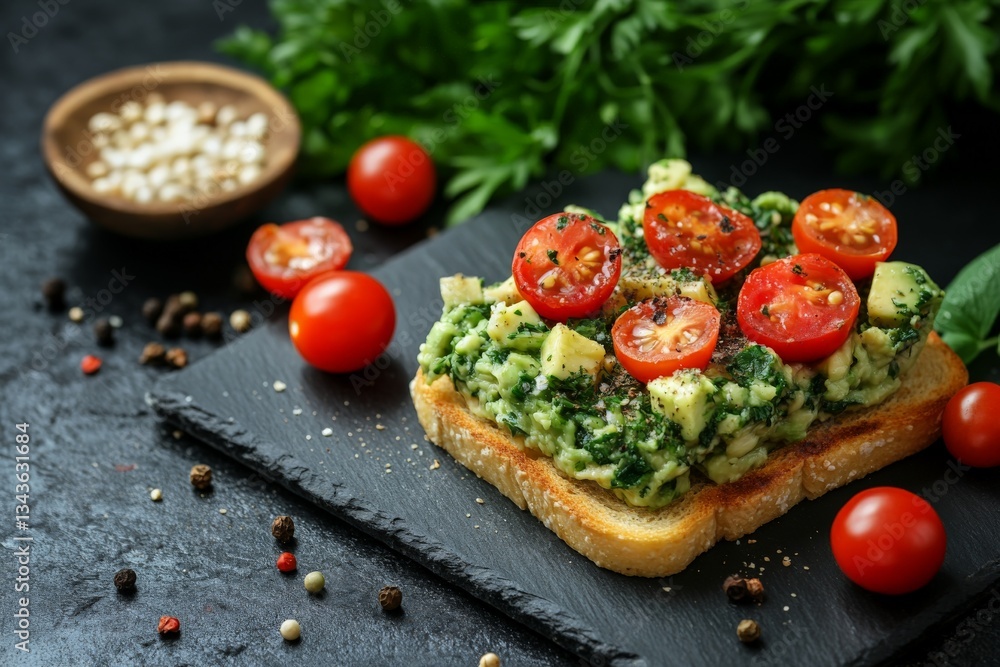 Fresh toast topped with spinach, tomatoes, and herbs on a dark slate plate Fresh toast topped with spinach, tomatoes, and herbs on a dark slate plate