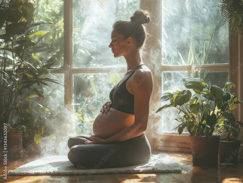 Serene Expecting Mother Embracing Prenatal Health A Gentle Stretching Routine in a Bright, Minimalistic Room Discover the tranquility of prenatal stretching exercises, promoting relaxation and Serene Expecting Mother Embracing Prenatal Health A Gentle Stretching Routine in a Bright, Minimalistic Room Discover the tranquility of prenatal stretching exercises, promoting relaxation and
