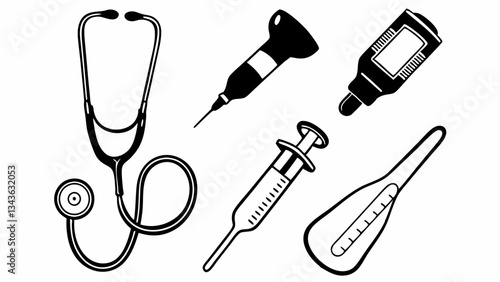 Doctor Tools and Equipment: Create a set of 40 thin-line web icons featuring a stethoscope, thermometer, blood pressure cuff, otoscope, and syringe.