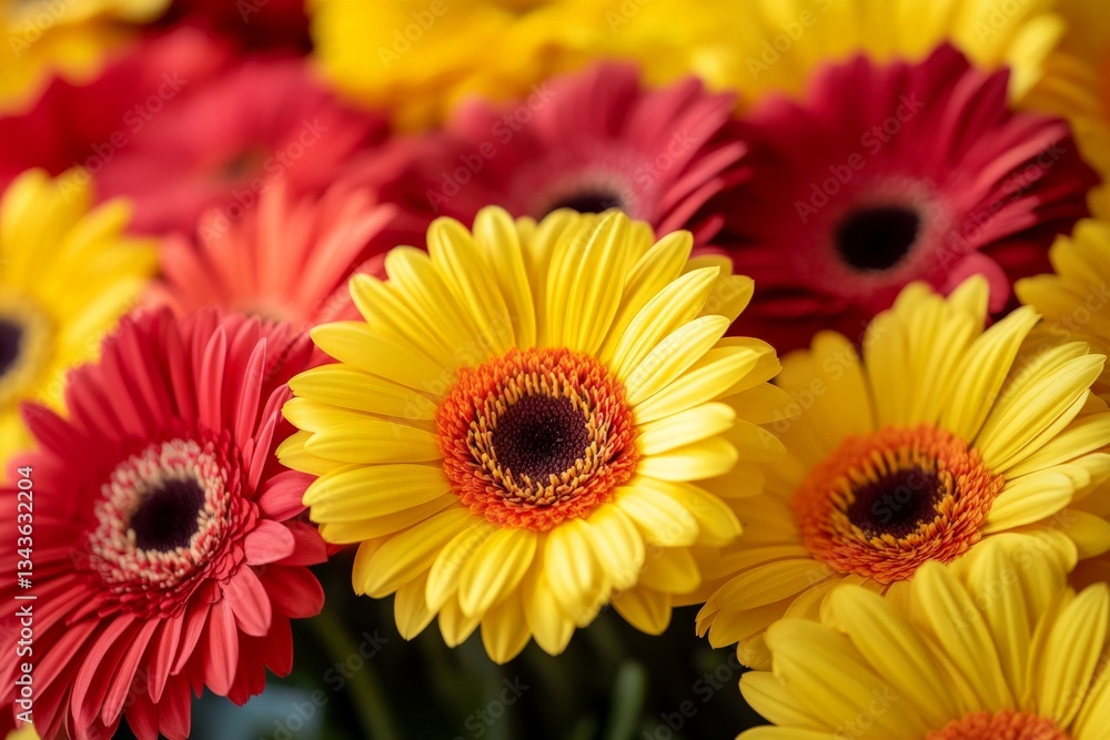 Bright gerbera daisies in red, yellow, and orange arranged in a vibrant floral display for decoration Bright gerbera daisies in red, yellow, and orange arranged in a vibrant floral display for decoration
