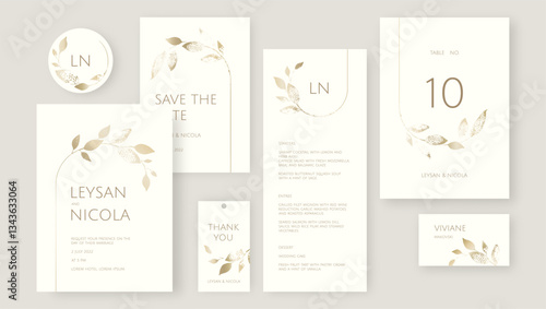 Elegant wedding set. Golden textured prints of twigs and leaves. Place cards, wedding invitation, table number, save the date, thank you card, menu, sticker.
