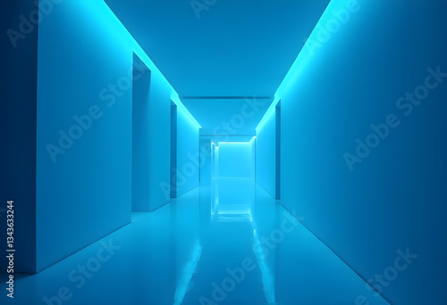 Endless Passage Long Blue Hallway with Tunnel Perspective and Interior Concept