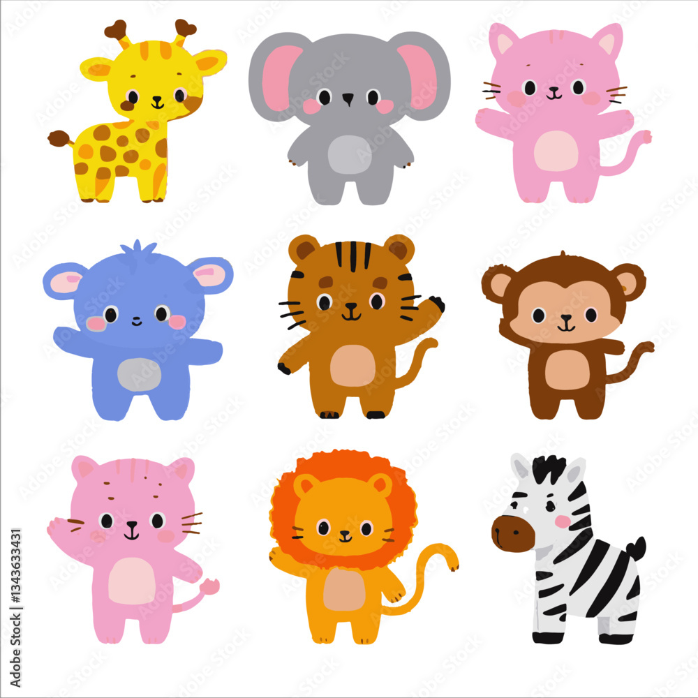 Cute Wild Animals in Standing position Vector Illustration. Animals include a giraffe, elephant, tiger, bear, hippo, monkey, lion, deer, zebra, and fox Cute Wild Animals in Standing position Vector Illustration. Animals include a giraffe, elephant, tiger, bear, hippo, monkey, lion, deer, zebra, and fox