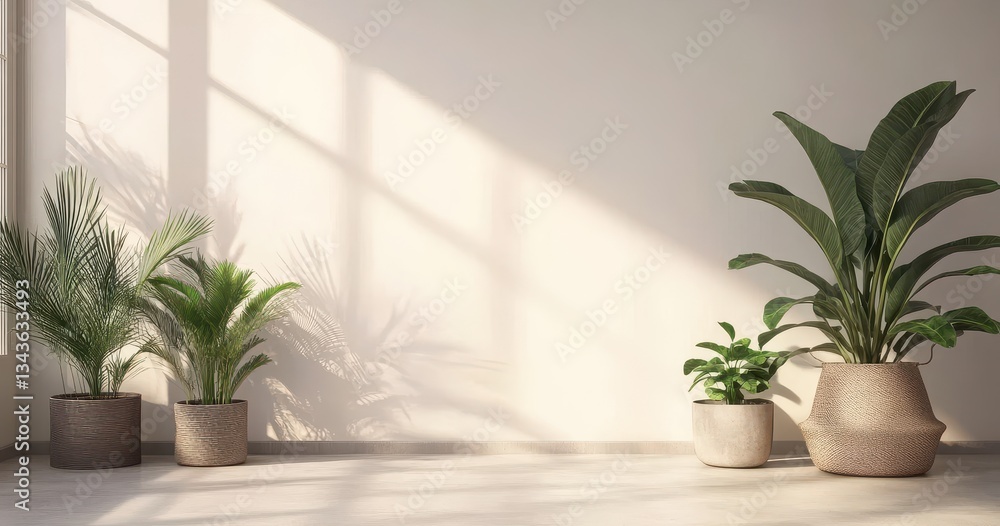 Minimalist room with potted green plants against a sunlit wall. Minimalist room with potted green plants against a sunlit wall.