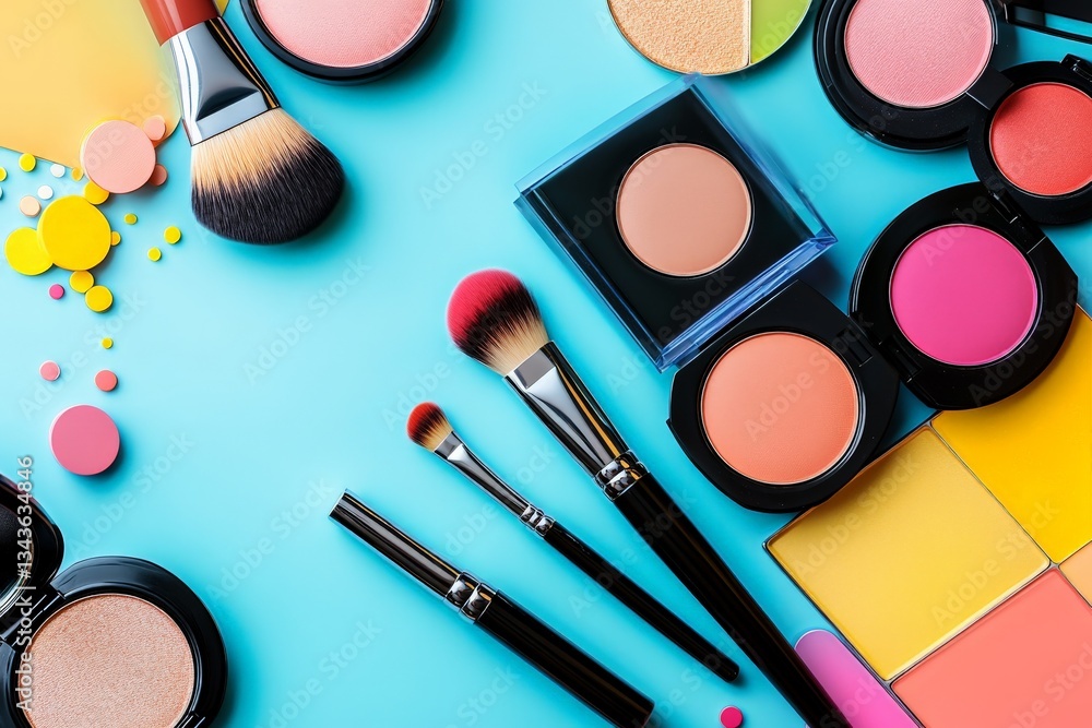 Vibrant makeup collection displayed on blue surface with brushes and colorful powders laid out creatively Vibrant makeup collection displayed on blue surface with brushes and colorful powders laid out creatively