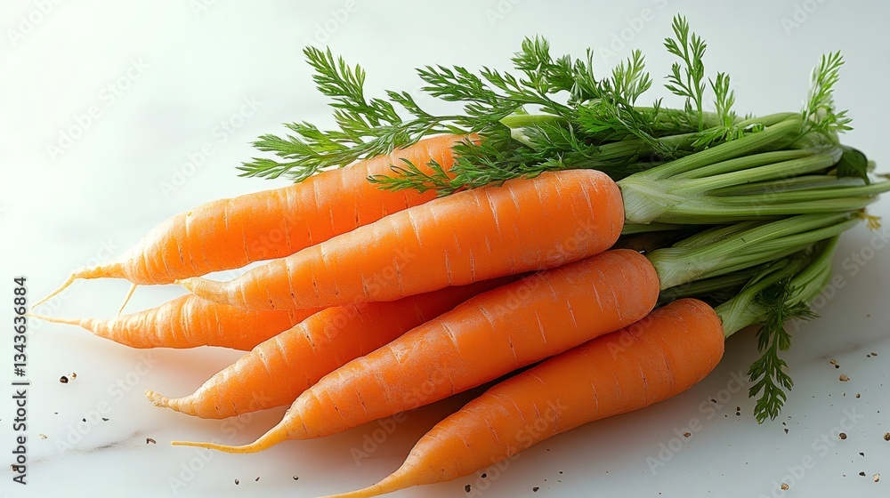 Fresh carrots with green leaves resting on marble surface Fresh carrots with green leaves resting on marble surface