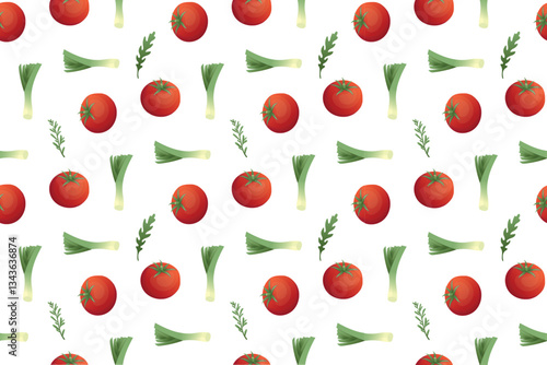 Seamless pattern with drawn vegetables. Tomato, leek, rosemary. Vegan and healthy food. Farm organic products. Vector background.