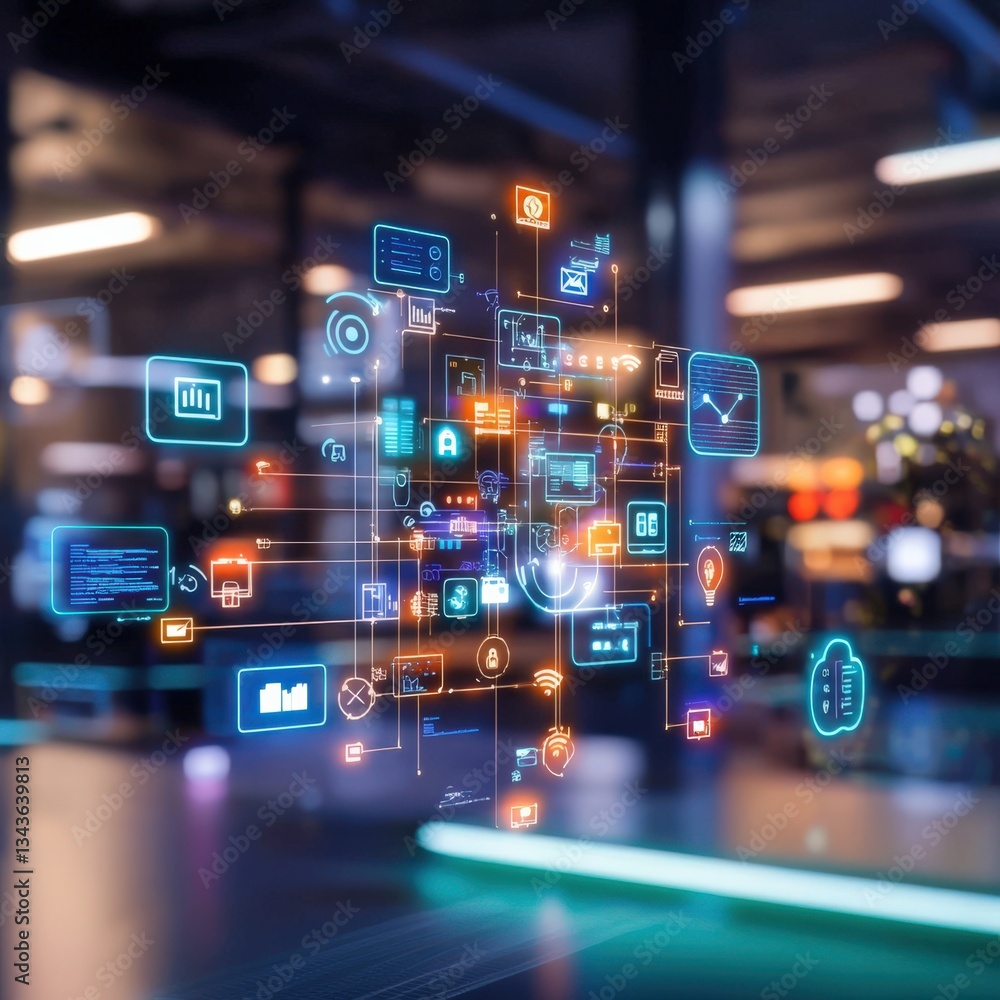 Fototapeta premium Futuristic workspace surrounded by floating digital icons.