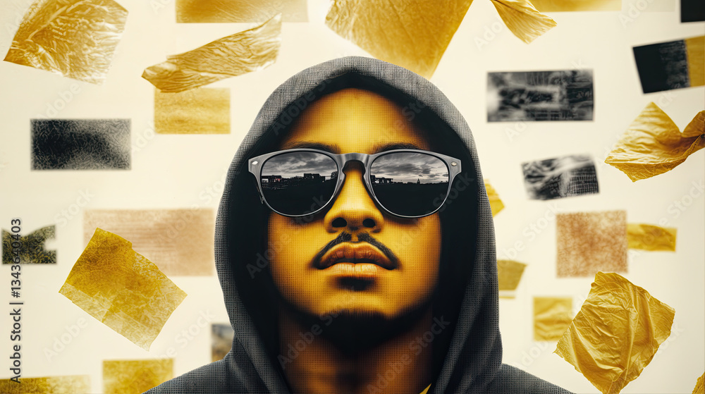 Urban backdrop, with a person wearing a hoodie and sunglasses. A blend of textures.