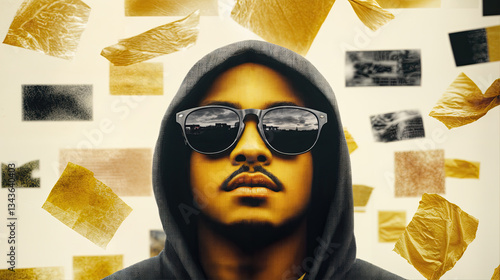 Urban backdrop, with a person wearing a hoodie and sunglasses.  A blend of textures.