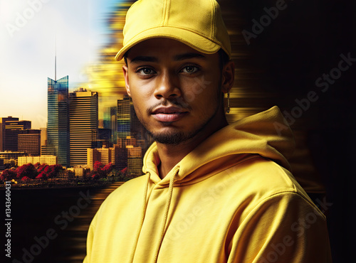 Close-up portrait of a young man wearing a bright yellow hoodie and baseball cap.