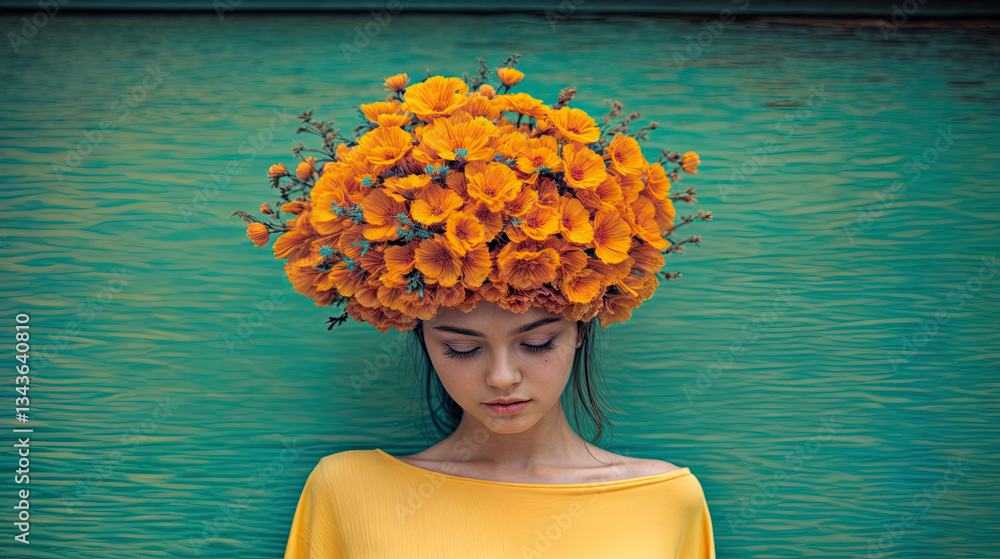Orange blossoms cascade over a teal backdrop, creating a striking visual contrast.
