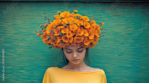 Obraz na płótnie Orange blossoms cascade over a teal backdrop, creating a striking visual contrast. w salonie
