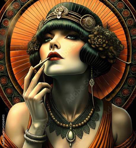 Obraz na płótnie a woman adorned in a luxurious, vintage-style outfit with ornate jewelry and a decorative headpiece, set against a circular, patterned background. w salonie