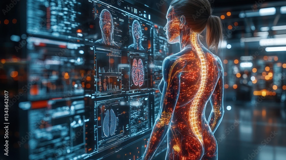 Woman studying anatomical spine data on futuristic interface Woman studying anatomical spine data on futuristic interface
