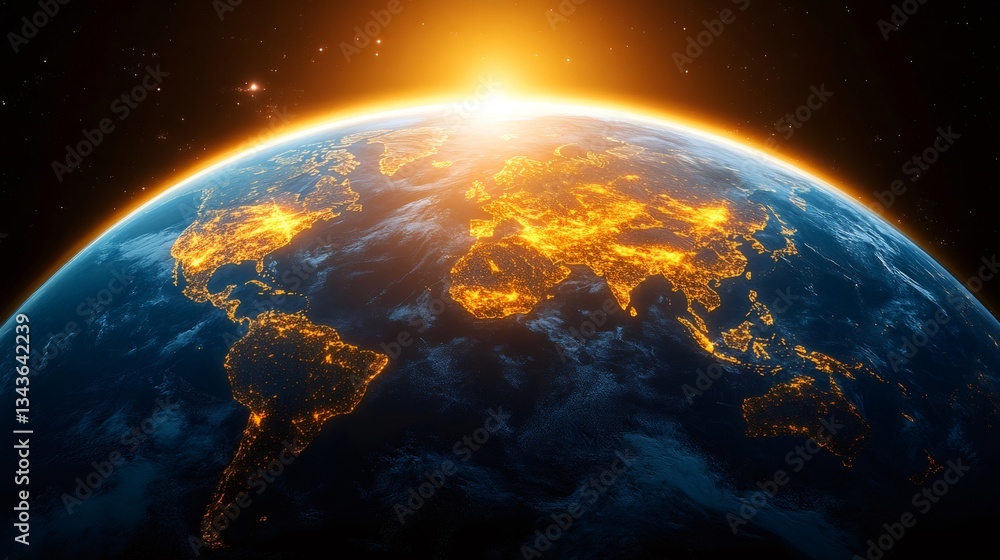 Fototapeta premium Planet earth rotating in space showing city lights at sunrise