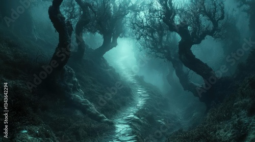 Wallpaper Mural Misty forest path, ancient trees, shrouded in fog, mystical atmosphere Torontodigital.ca