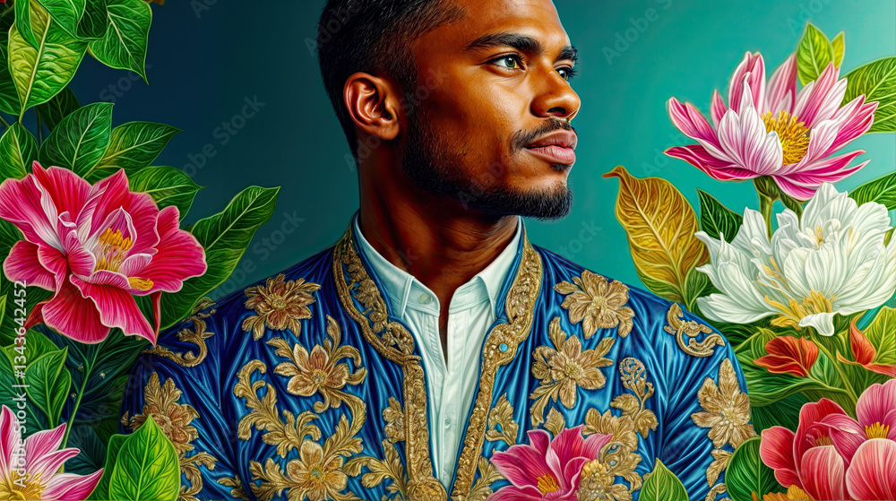 A man in a richly embroidered blue jacket, detailed with gold floral patterns, surrounded by vibrant blossoms.
