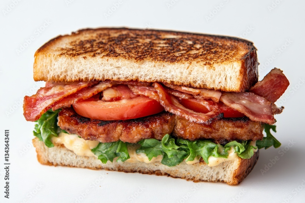 Delicious crispy bacon and lettuce sandwich with fresh tomato and creamy sauce served on toasted bread Delicious crispy bacon and lettuce sandwich with fresh tomato and creamy sauce served on toasted bread