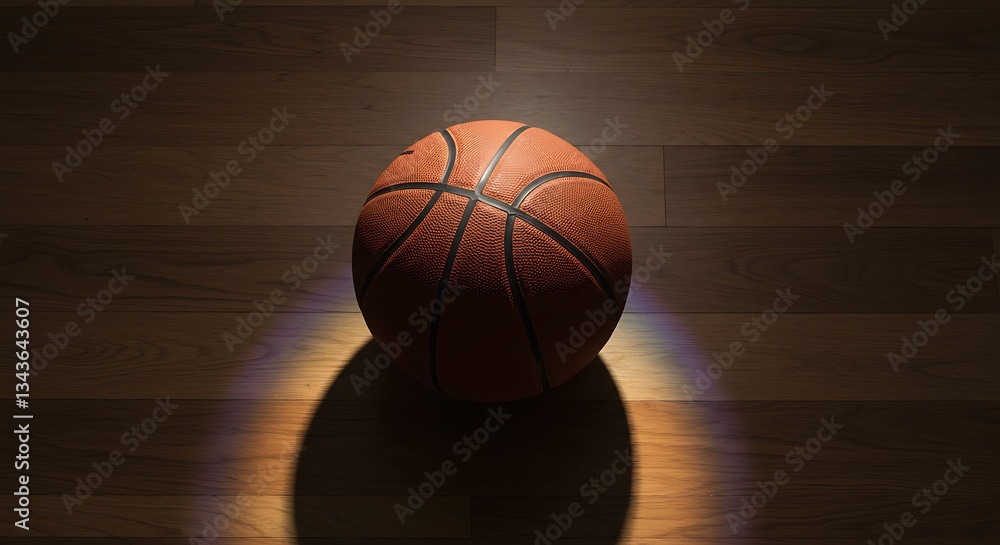 Obraz premium Basketball on wooden floor - Loneliness and sport readiness - Sports content and advertising.