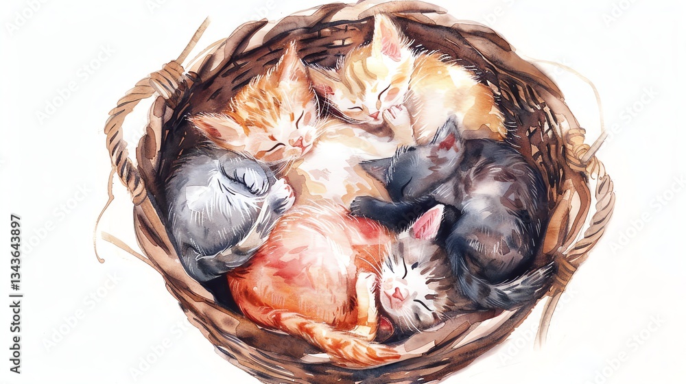 Fototapeta premium A watercolor painting of five kittens sleeping in a basket.
