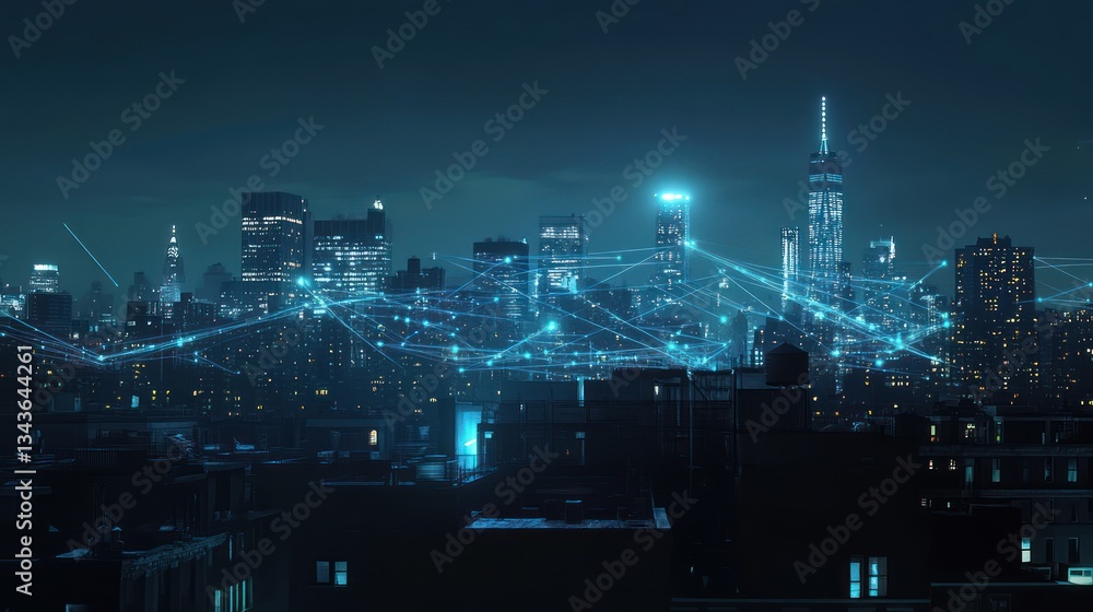 Night cityscape with digital network overlay. Stock photo for technology, innovation, and urban concepts Night cityscape with digital network overlay. Stock photo for technology, innovation, and urban concepts