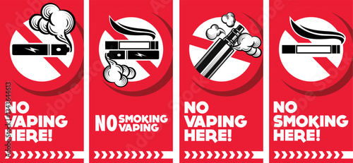 No smoking no vaping sign. Forbidden sign, in this area sign icon isolated on white background vector red label illustration. Cigarette, vape and smoke and in prohibition circle.