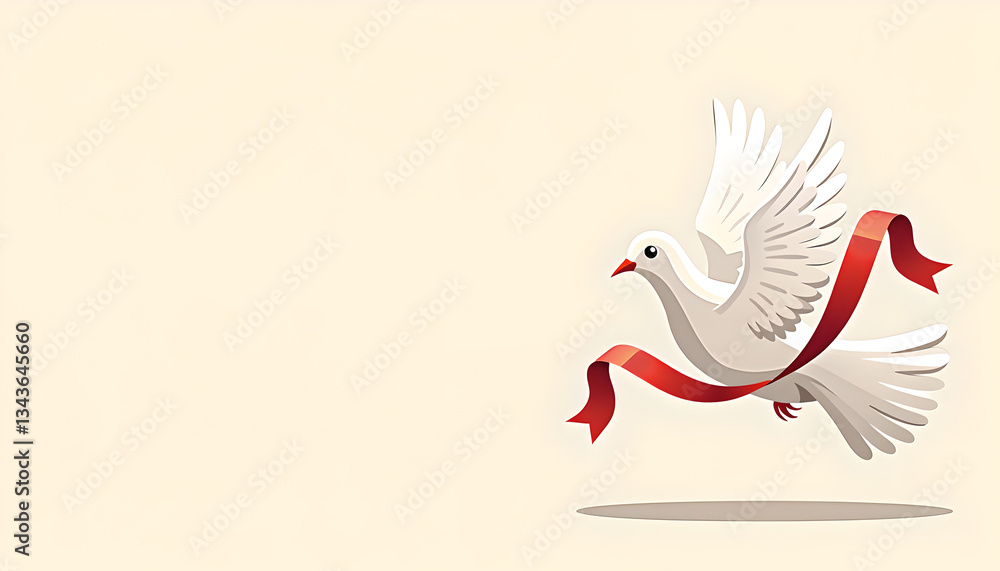Obraz premium Flying dove with a red ribbon on a light background