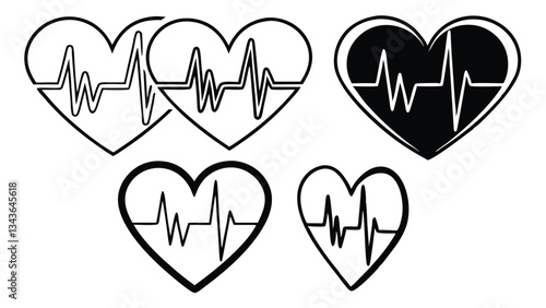 Heart icons in linear design for medicine, healthcare, love passion, and romantic concepts. Heartbeat flat icon for medical apps and sites. Cardiogram heart logo in linear style. Vector illustration
