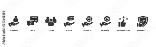Customer care banner web icon vector illustration concept for customer support and telemarketing service with an icon of help, client, advice, chat, service, reliability, quality, and satisfaction