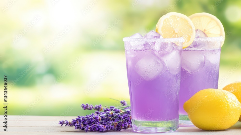 Lavender Lemonade Refreshment: Two glasses of refreshing lavender lemonade, garnished with lemon slices, sit invitingly beside a sprig of lavender and fresh lemons, set against a soft, sun-dappled. Lavender Lemonade Refreshment: Two glasses of refreshing lavender lemonade, garnished with lemon slices, sit invitingly beside a sprig of lavender and fresh lemons, set against a soft, sun-dappled.