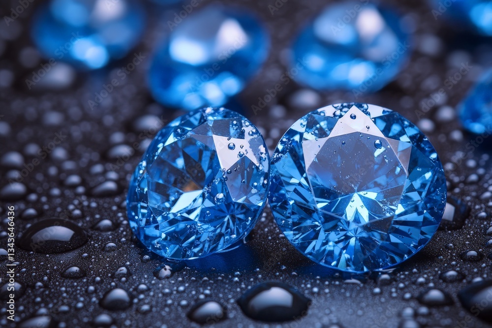 Bright blue gemstones scattered on a wet surface reflecting light in a vibrant display of color and brilliance Bright blue gemstones scattered on a wet surface reflecting light in a vibrant display of color and brilliance