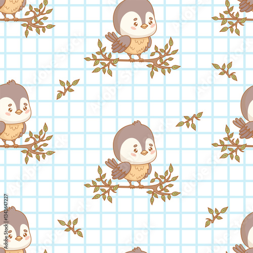 Seamless pattern. Cute little bird tit on branch on checkered white background. Funny kawaii character chickadee backdrop. Vector illustration. Kids collection