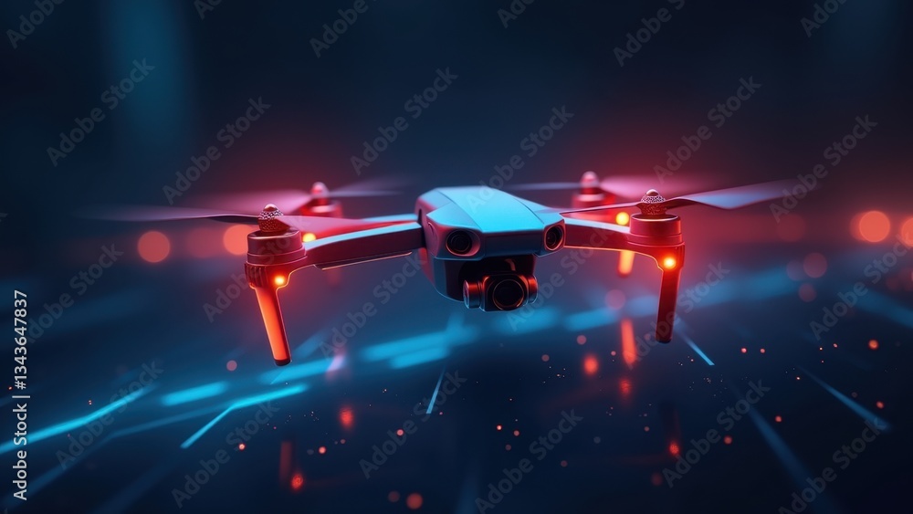 High-quality close-up of a drone with glowing AI-powered navigation lights and detailed propeller motion High-quality close-up of a drone with glowing AI-powered navigation lights and detailed propeller motion