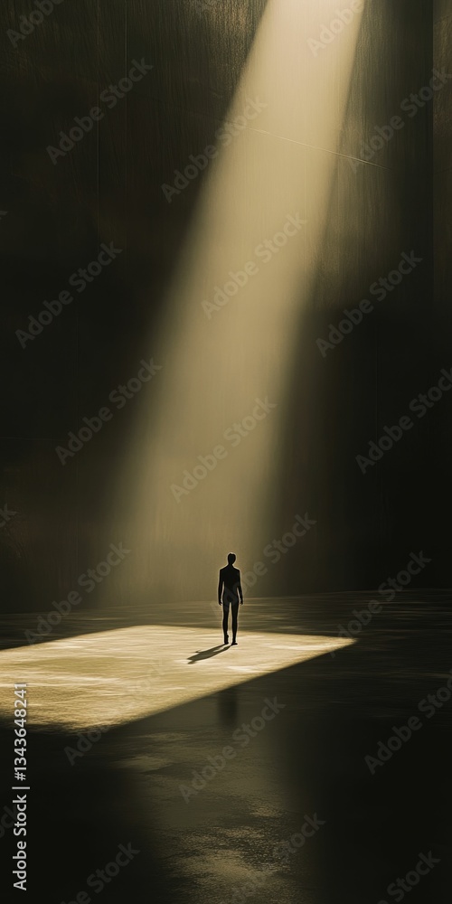 Figure walks into light in dark space. Figure walks into light in dark space.