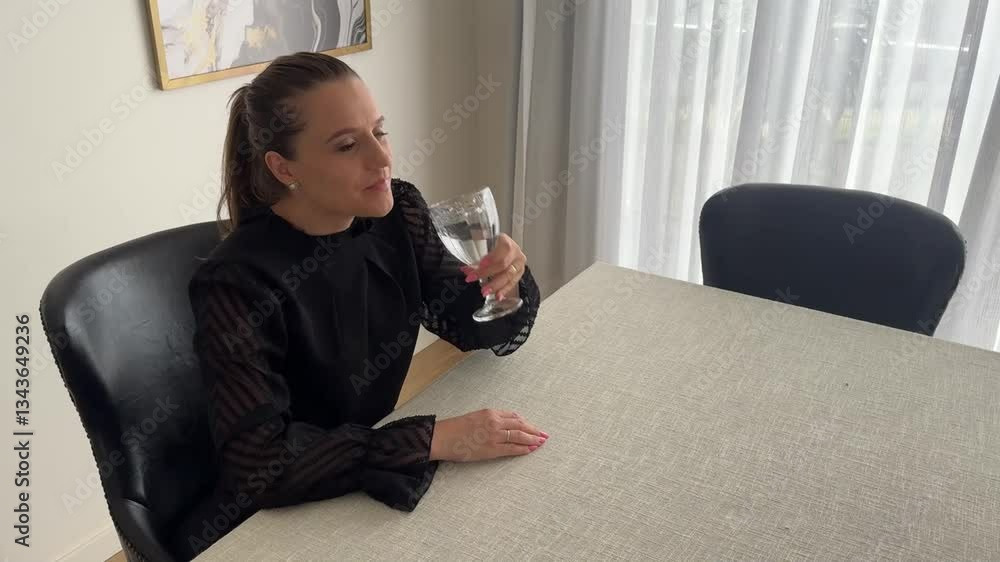 Mulher tomando água em casa