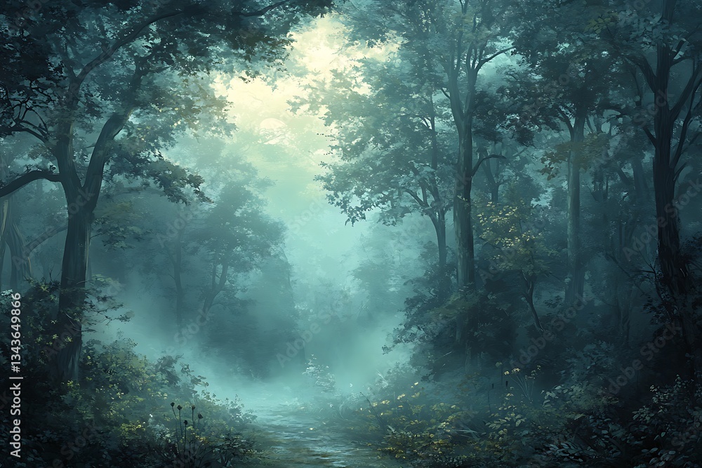 Fototapeta premium Mystical foggy forest. Fantasy foggy landscape with trees