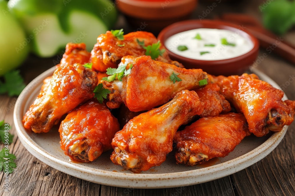 Buffalo chicken wings on a plate served with dipping sauce and garnished with herbs in a rustic setting Buffalo chicken wings on a plate served with dipping sauce and garnished with herbs in a rustic setting