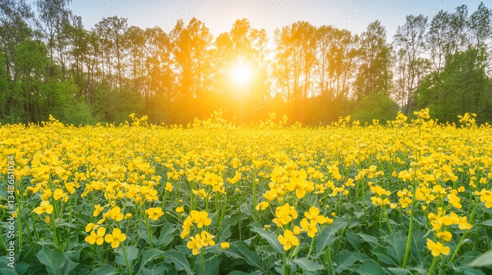 Obraz premium A field of yellow flowers under a bright sun with trees in the background at daytime