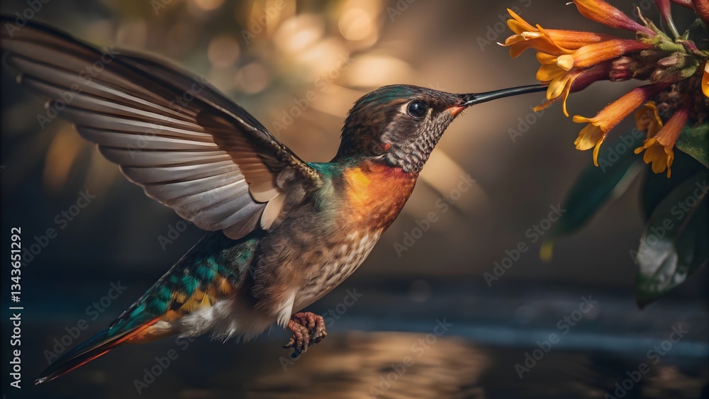 Fototapeta premium Hummingbird in Flight, Feeding on Flowers