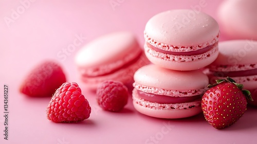 Pink macaroon with strawberry and raspberry on pink background, closeup