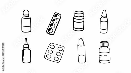 Medications and Pills: Design 40 thin-line icons for medicines and pharmaceutical products, including tablets, pills, pill bottles, and medicine boxes.