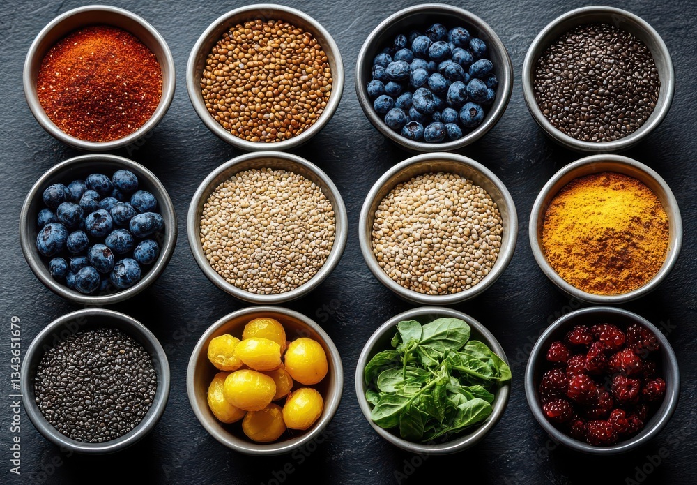 An array of colorful spices and ingredients in bowls on a dark surface, perfect for culinary inspiration. Isolated on dark background An array of colorful spices and ingredients in bowls on a dark surface, perfect for culinary inspiration. Isolated on dark background