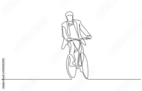 Single continuous line drawing of Man resting sitting on his bicycle in the park, Man riding bicycle continuous one line drawing. Riding bike single line art illustration. Editable vector.